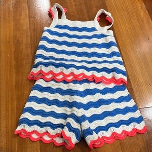Mini Boden Blue White and Coral Crochet Wave Tank & Short Set